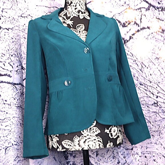 TEAL MICROFIBER BLAZER PS Notations Pleated Faux Suede Bright Spring Office Work - Picture 9 of 13